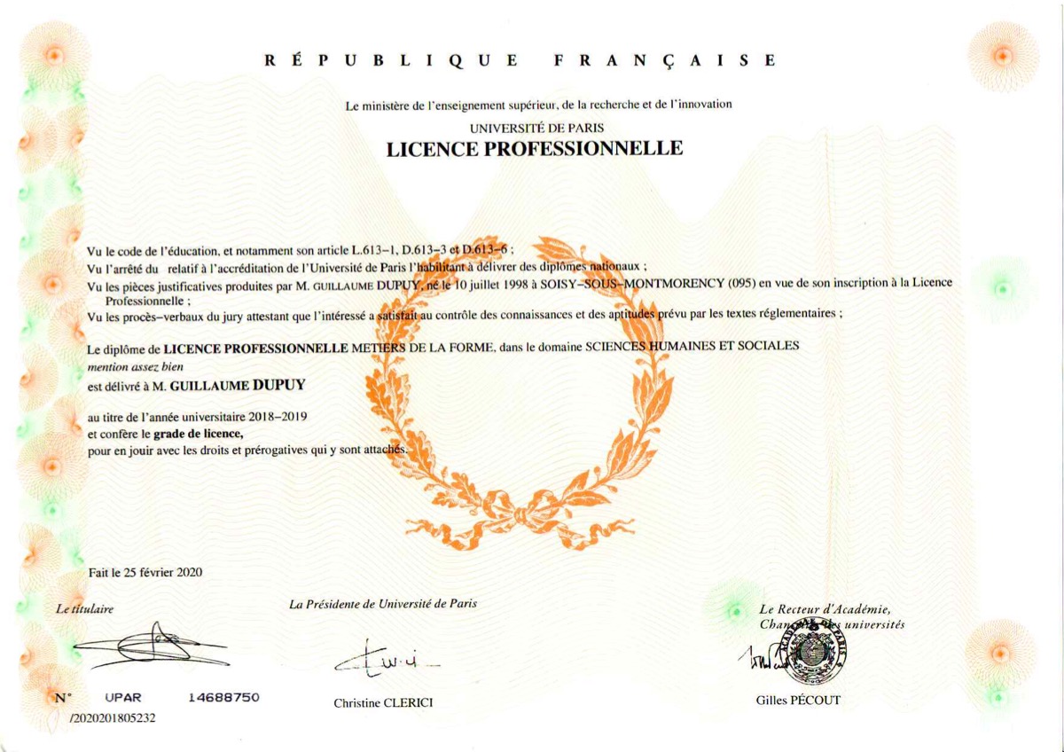 Dipl&ocirc;me de Guillaume Dupuy